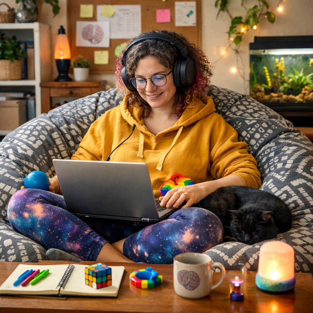 Person sitting cross-legged with laptop, headphones, and cat on cushion