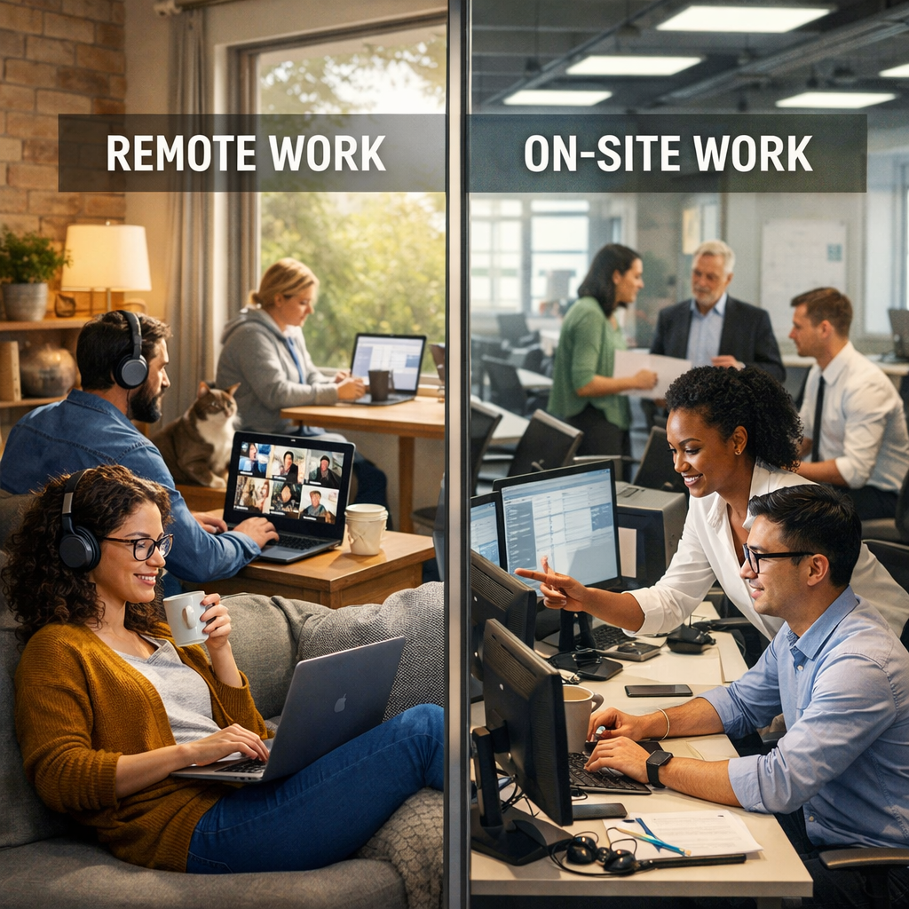 Split view of remote work with people using laptops at home and on-site work with colleagues collaborating in an office